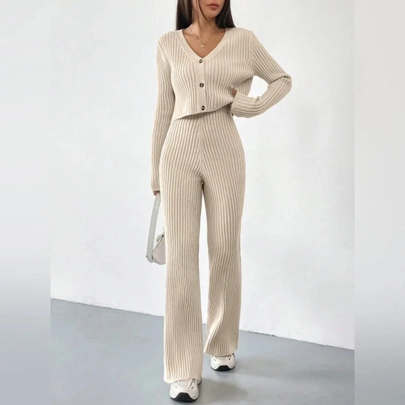 Khaki Ribbed Knit Cardigan & Knit Pants - Picture 5 of 6